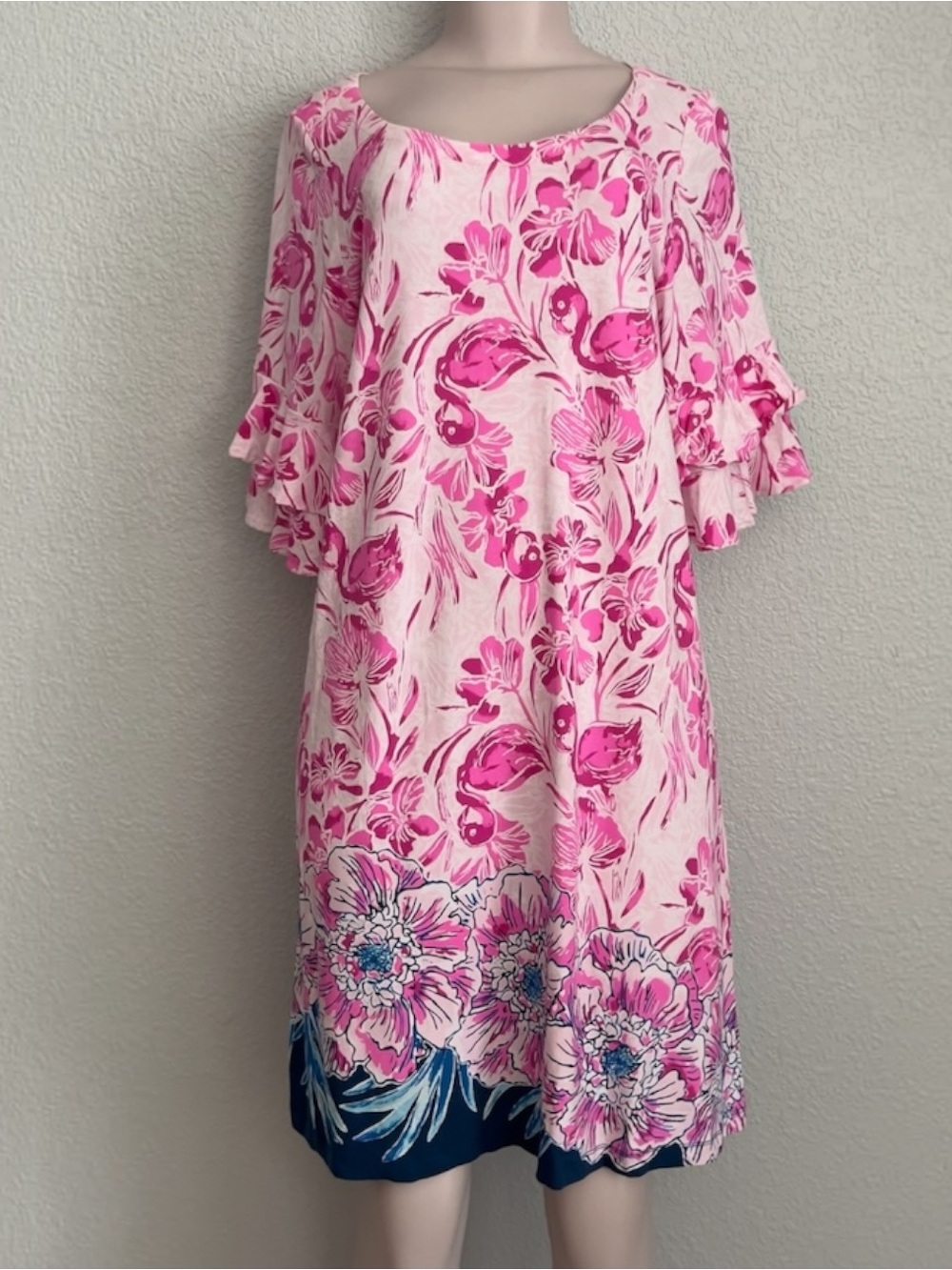 Lilly Pulitzer Lula Flamingle Flamingo Shift Dress Ruffle Sleeve SZXL Vacay